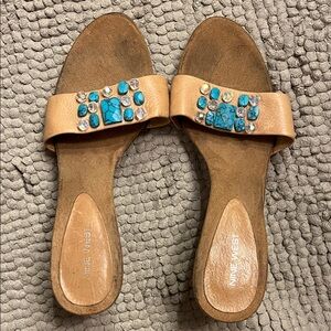 Nine West Leather upper Brown Sandals with Turquoise Accents